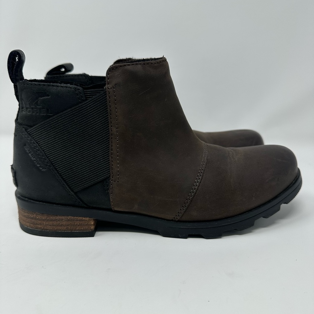 Sorel Womens Size 7 .5 Emelie Chelsea Boots Quarry Black Leather Waterproof Shoe - Picture 3 of 12